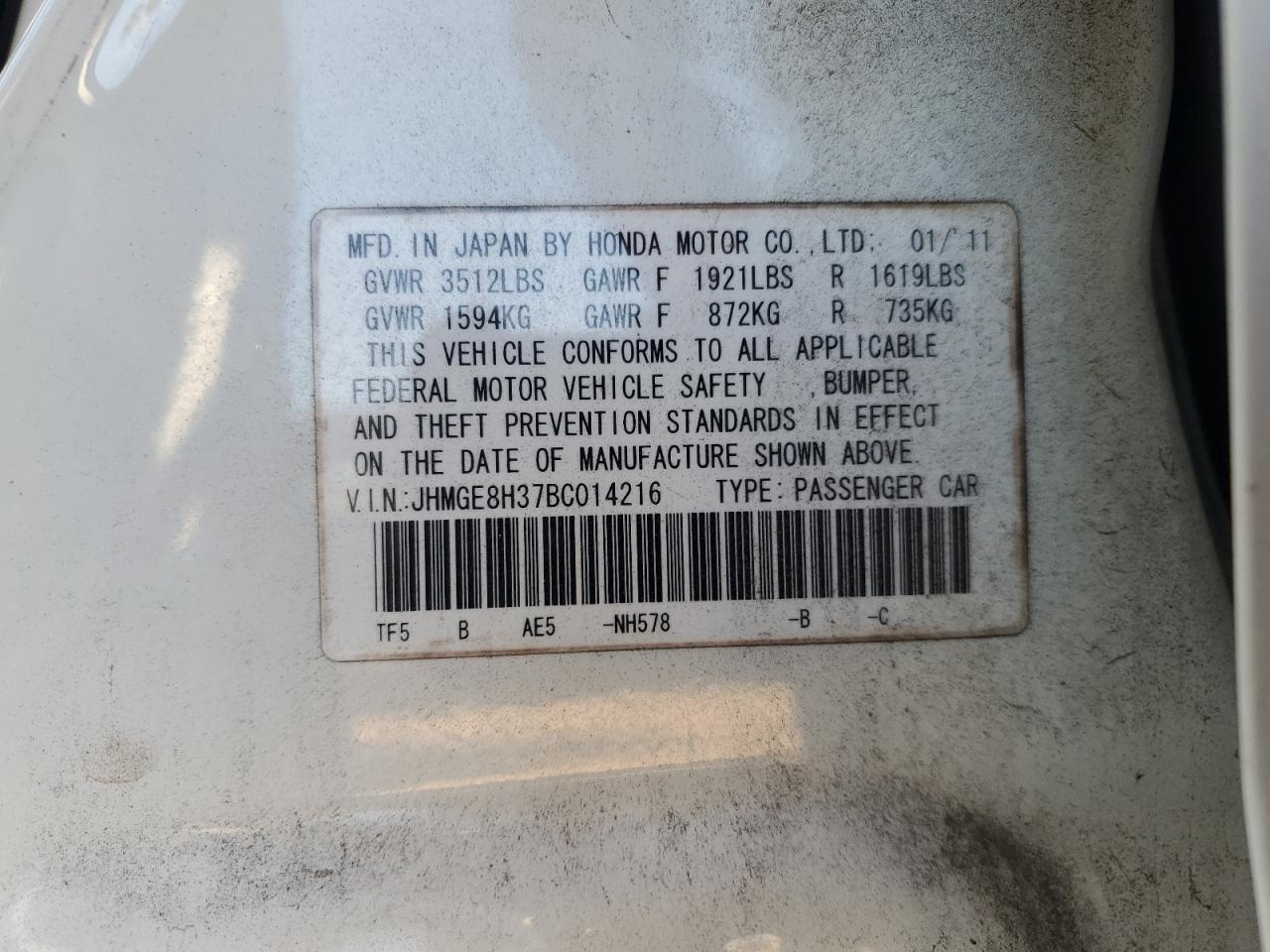 2011 Honda Fit VIN: JHMGE8H37BC014216 Lot: 92858125