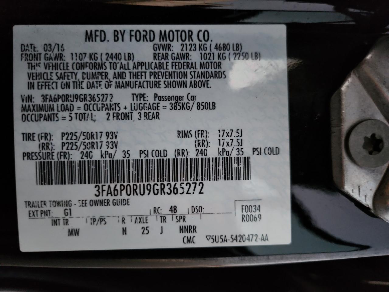 2016 Ford Fusion Titanium Hev VIN: 3FA6P0RU9GR365272 Lot: 92618605