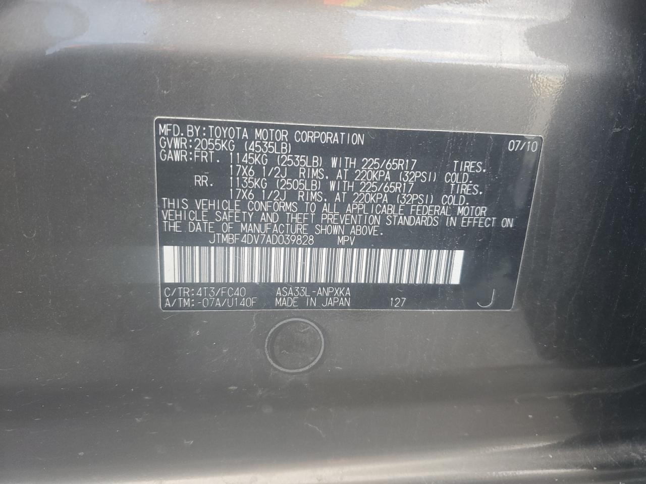 2010 Toyota Rav4 VIN: JTMBF4DV7AD039828 Lot: 91232685