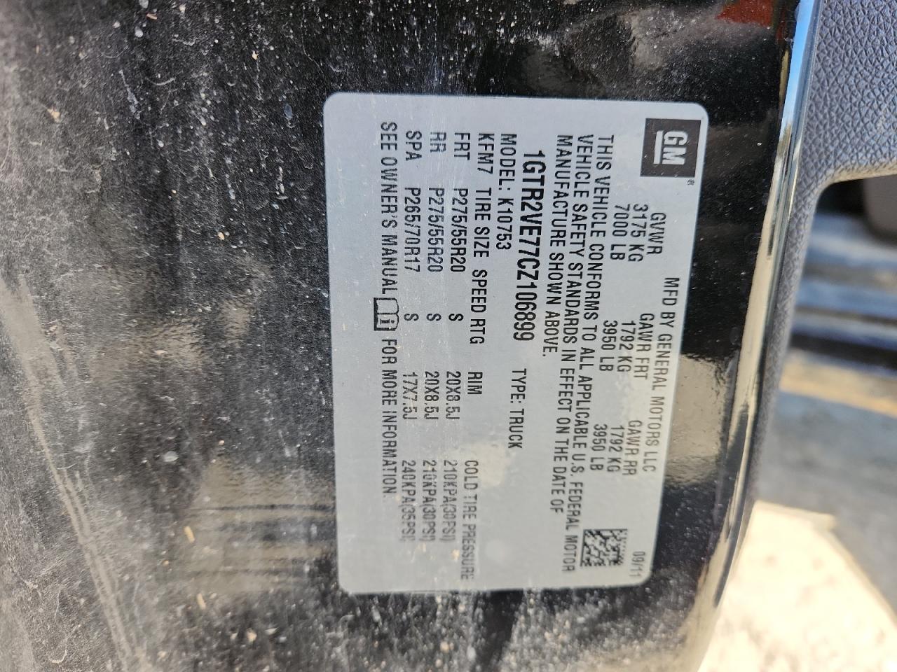 2012 GMC Sierra K1500 Sle VIN: 1GTR2VE77CZ106899 Lot: 92534885