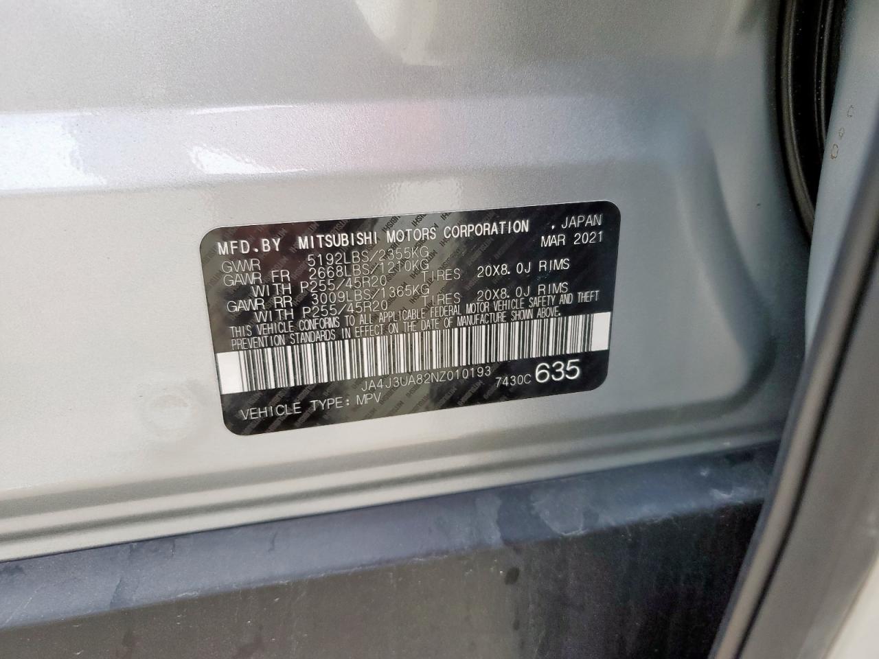 2022 Mitsubishi Outlander Se VIN: JA4J3UA82NZ010193 Lot: 91696015