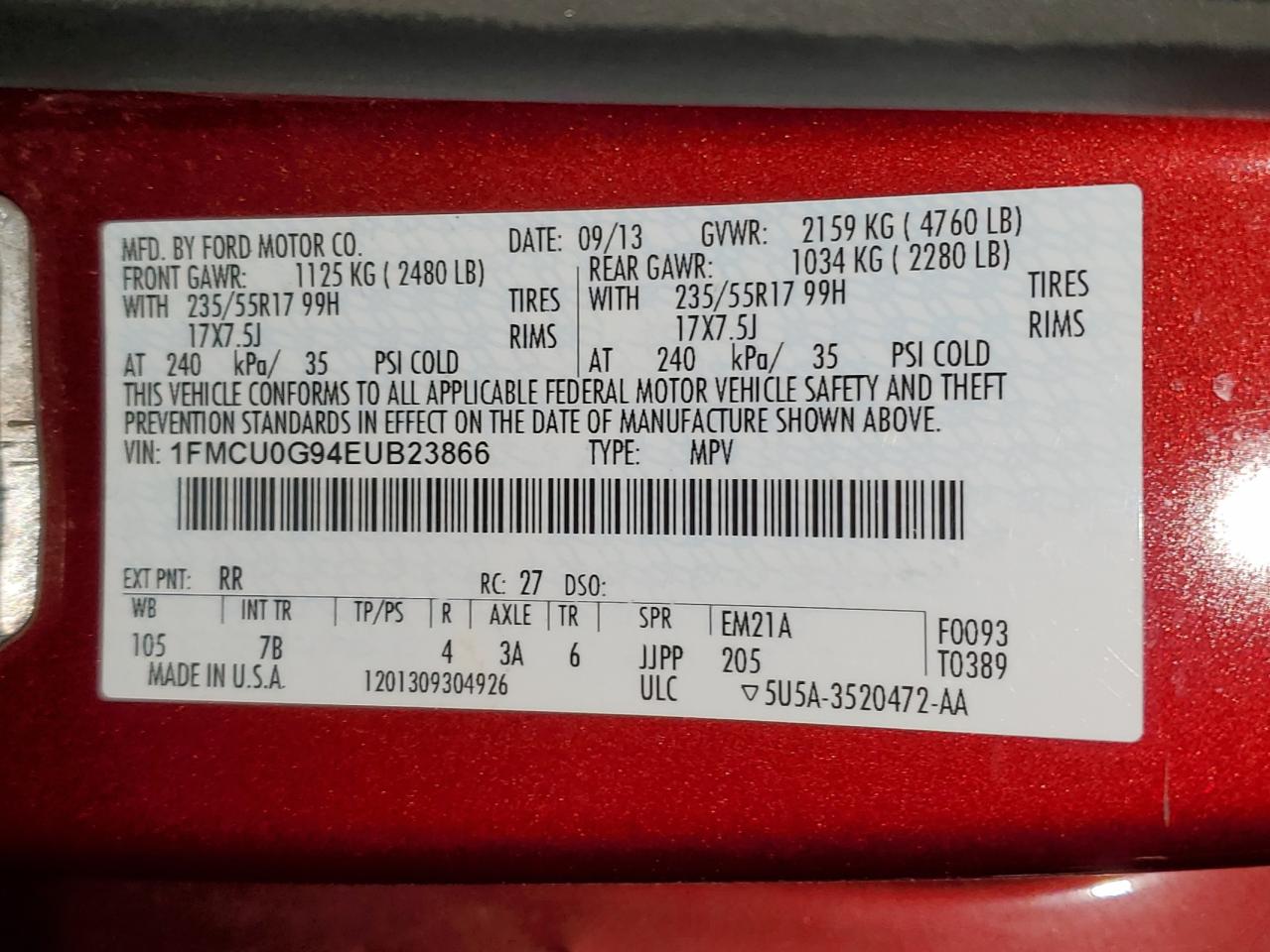 2014 Ford Escape Se VIN: 1FMCU0G94EUB23866 Lot: 92921775