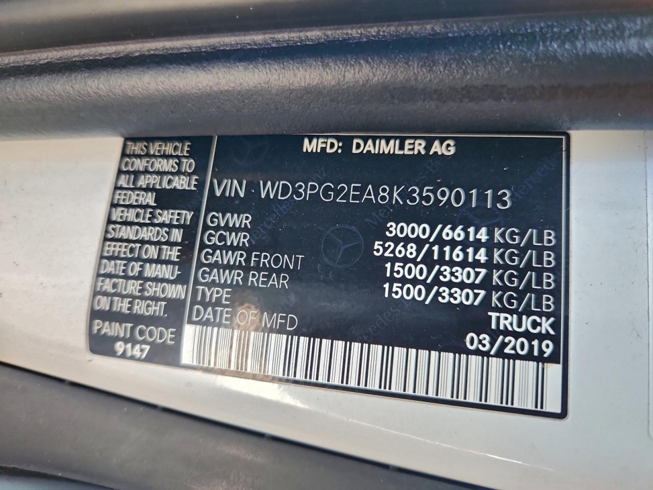2019 Mercedes-Benz Metris VIN: WD3PG2EA8K3590113 Lot: 93995565