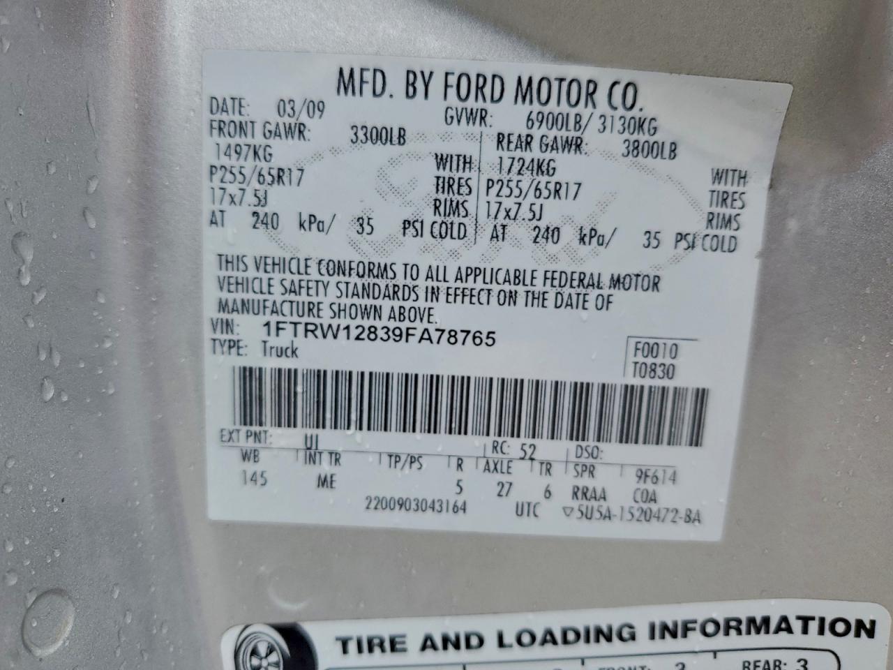 2009 Ford F150 Supercrew VIN: 1FTRW12839FA78765 Lot: 92630385