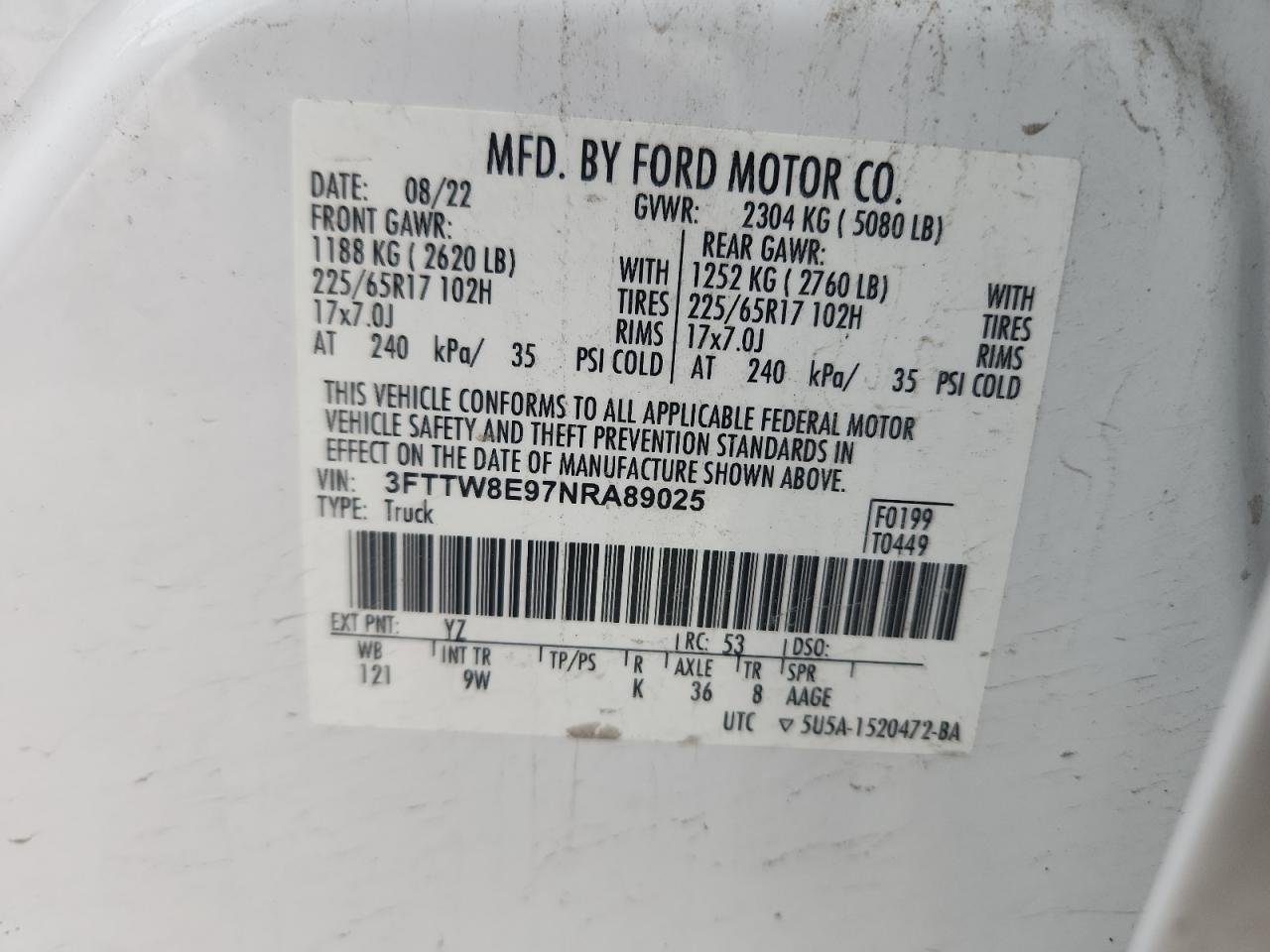 2022 Ford Maverick Xl VIN: 3FTTW8E97NRA89025 Lot: 92271055