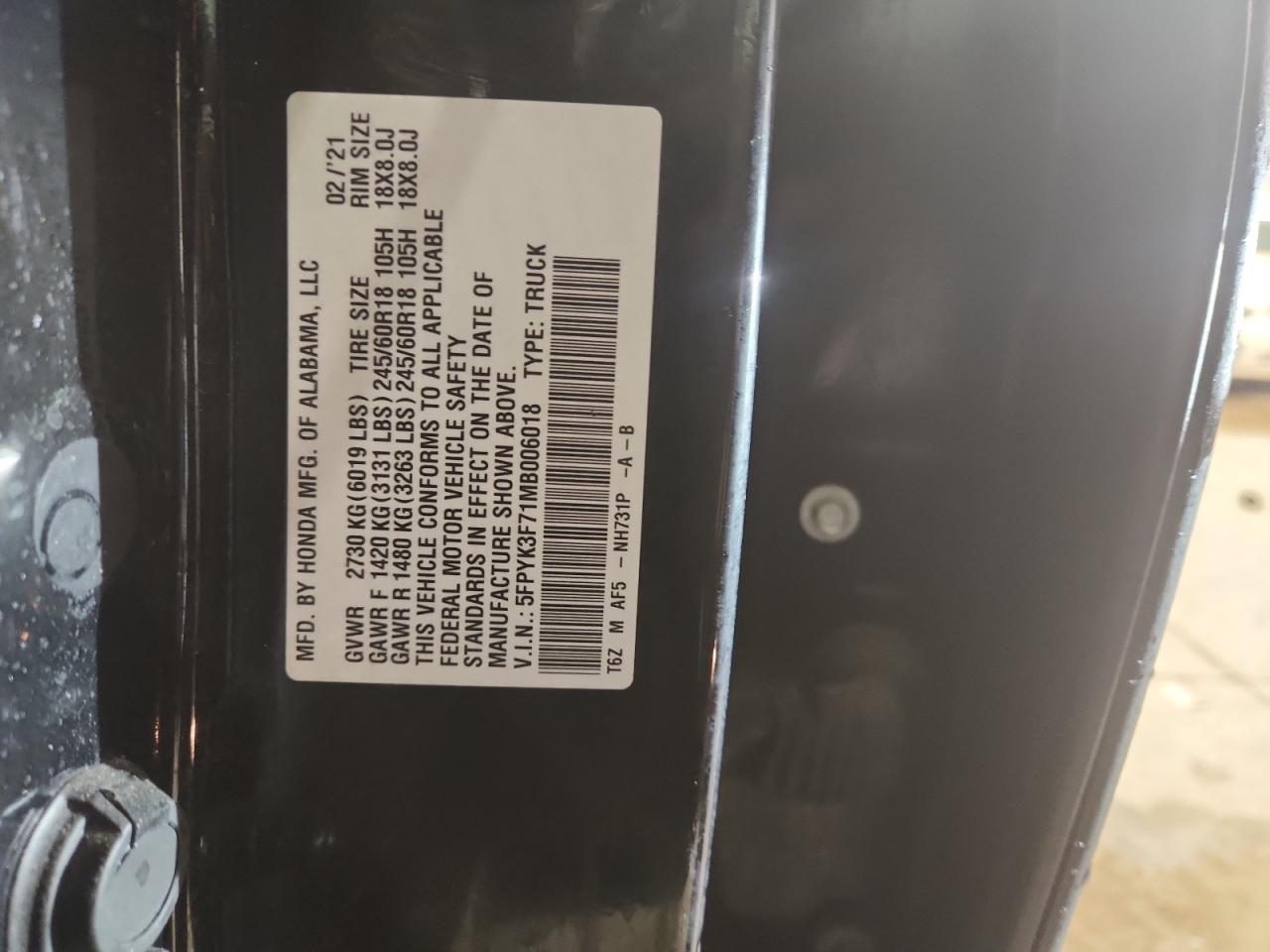 2021 Honda Ridgeline Rtl VIN: 5FPYK3F71MB006018 Lot: 92428755