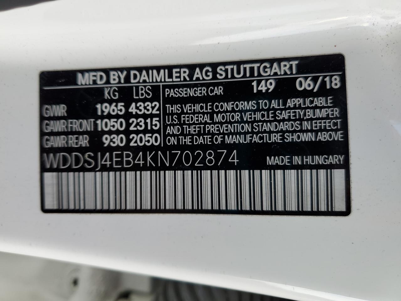 2019 Mercedes-Benz Cla 250 VIN: WDDSJ4EB4KN702874 Lot: 93154795