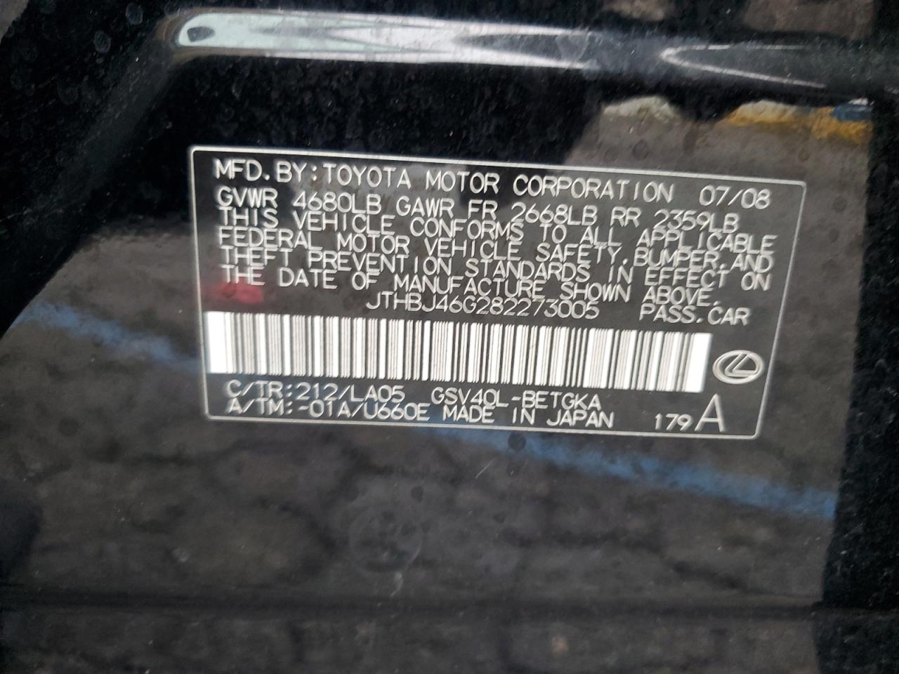 2008 Lexus Es 350 VIN: JTHBJ46G282273005 Lot: 93068005