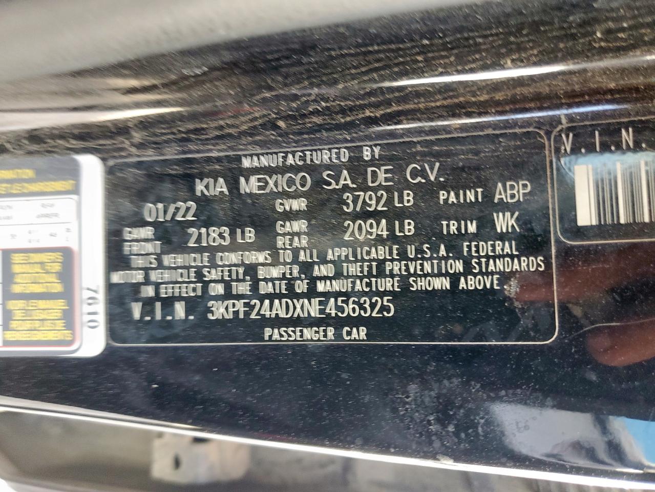 2022 Kia Forte Fe VIN: 3KPF24ADXNE456325 Lot: 91988355