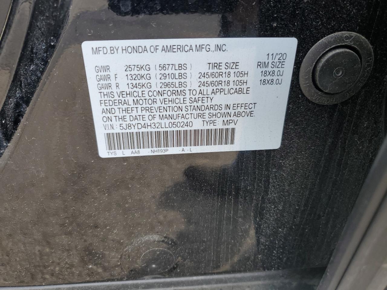 2020 Acura Mdx VIN: 5J8YD4H32LL050240 Lot: 90895385