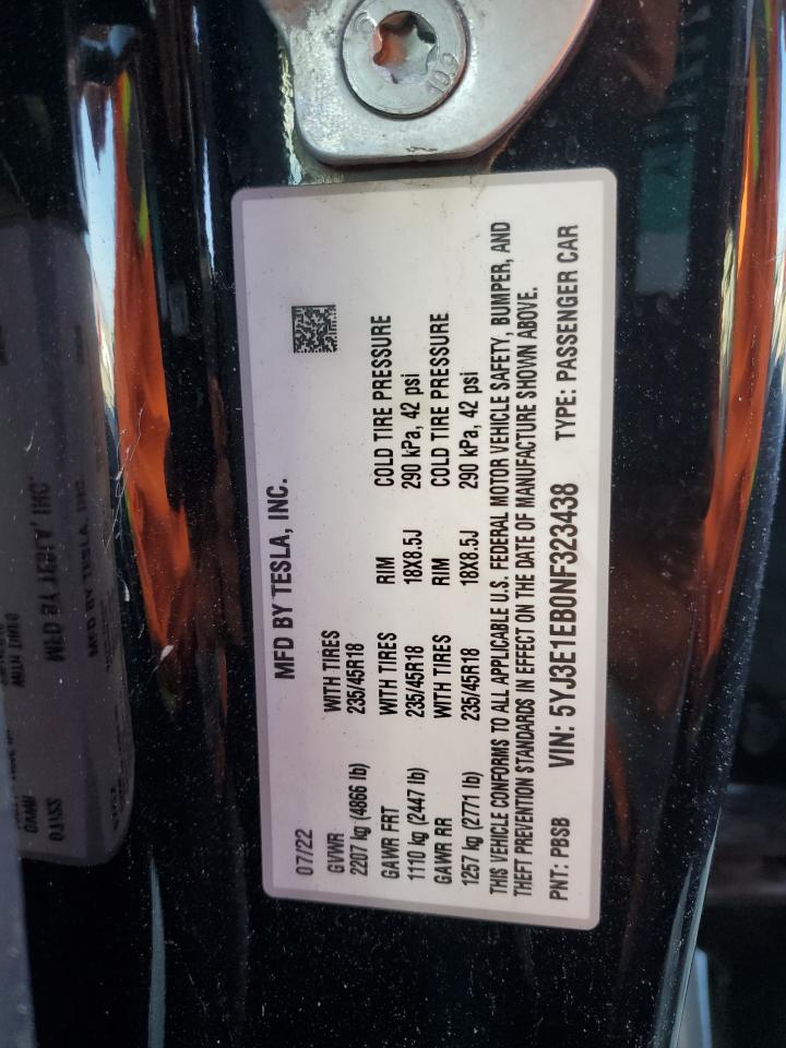 2022 Tesla Model 3 VIN: 5YJ3E1EB0NF323438 Lot: 90819655