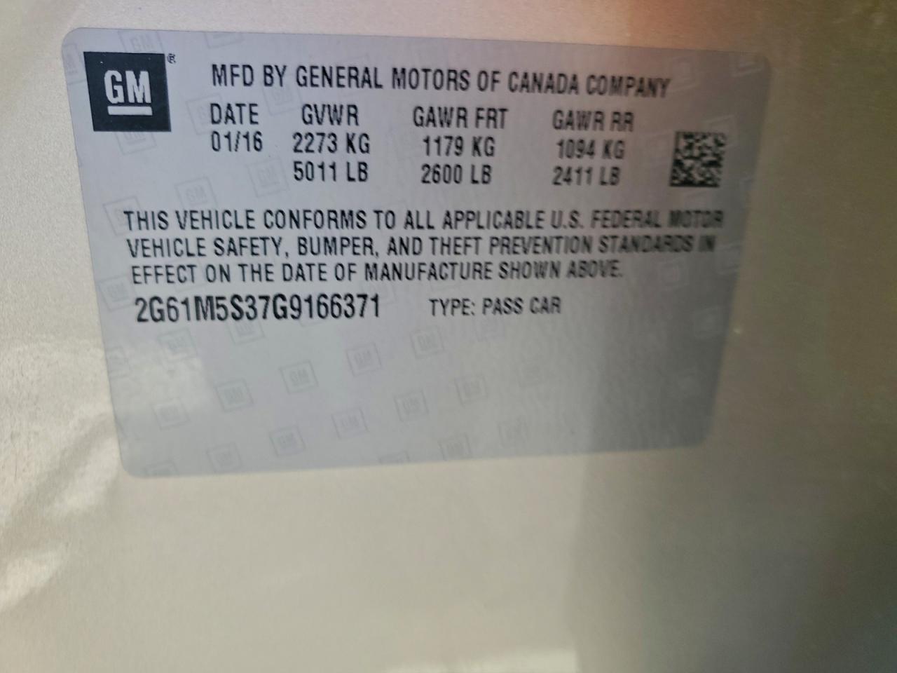 2016 Cadillac Xts Luxury Collection VIN: 2G61M5S37G9166371 Lot: 91620985