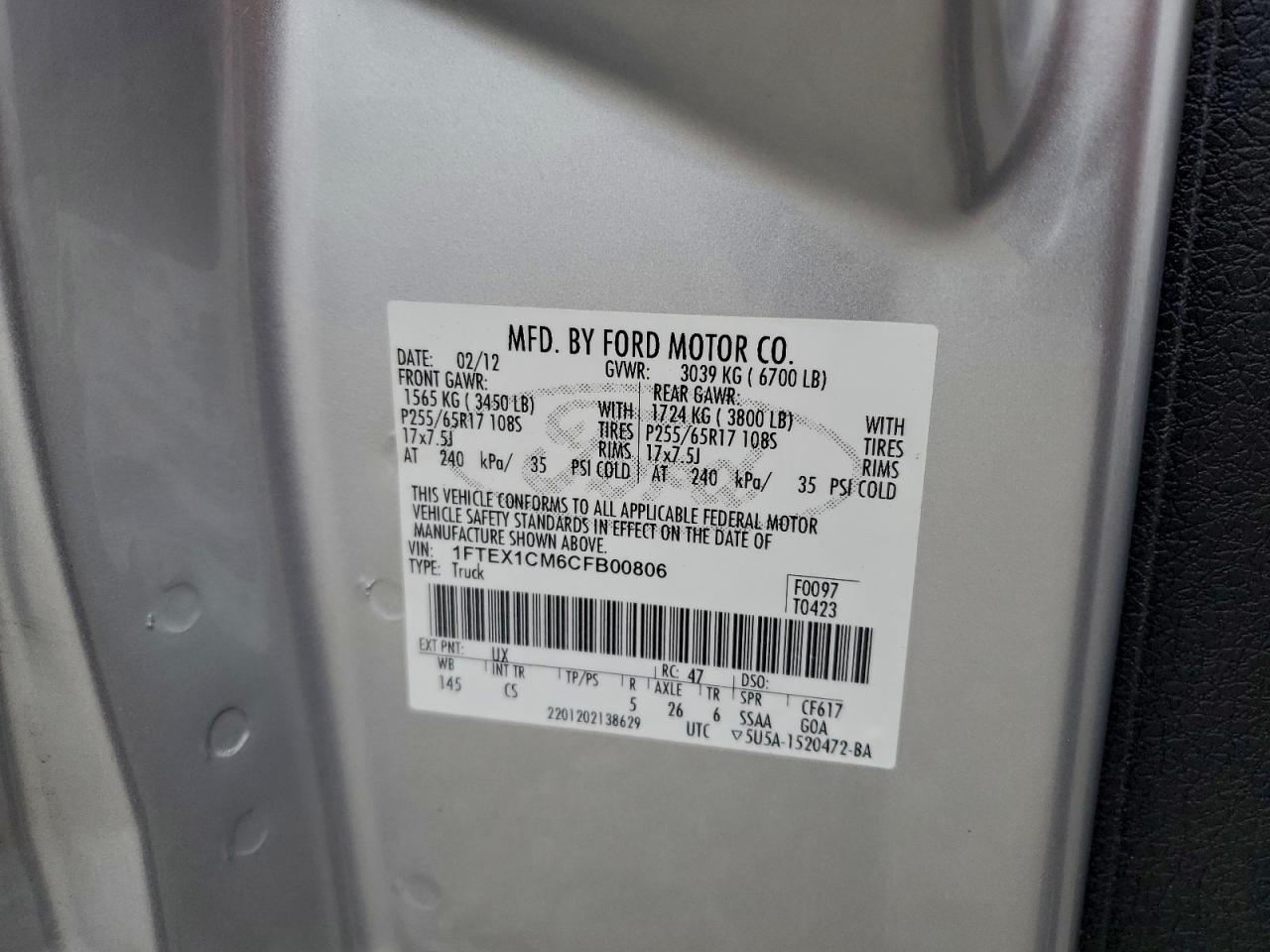 2012 Ford F150 Super Cab VIN: 1FTEX1CM6CFB00806 Lot: 94049935