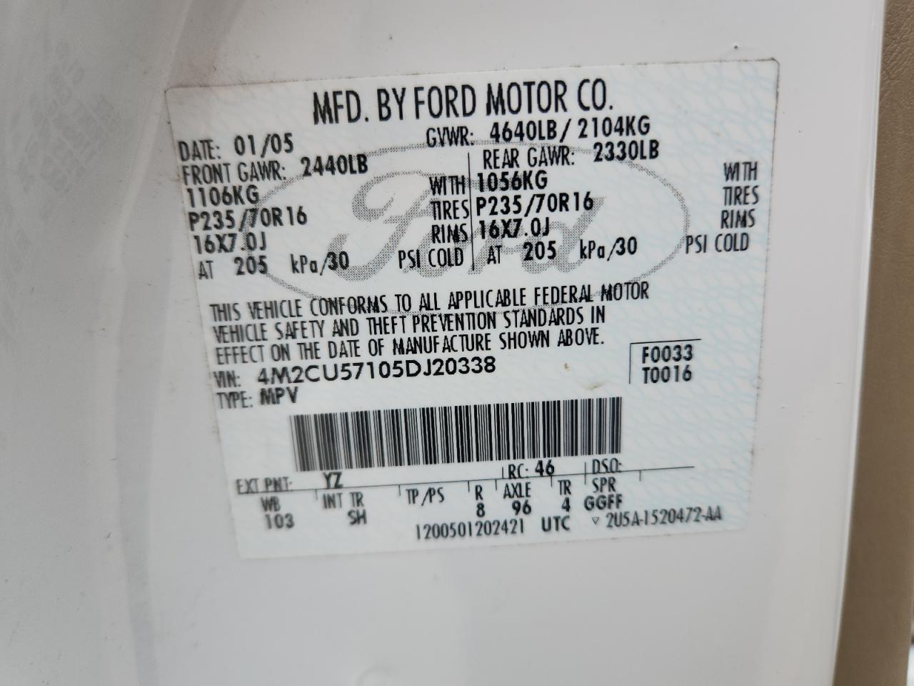 2005 Mercury Mariner VIN: 4M2CU57105DJ20338 Lot: 92833215