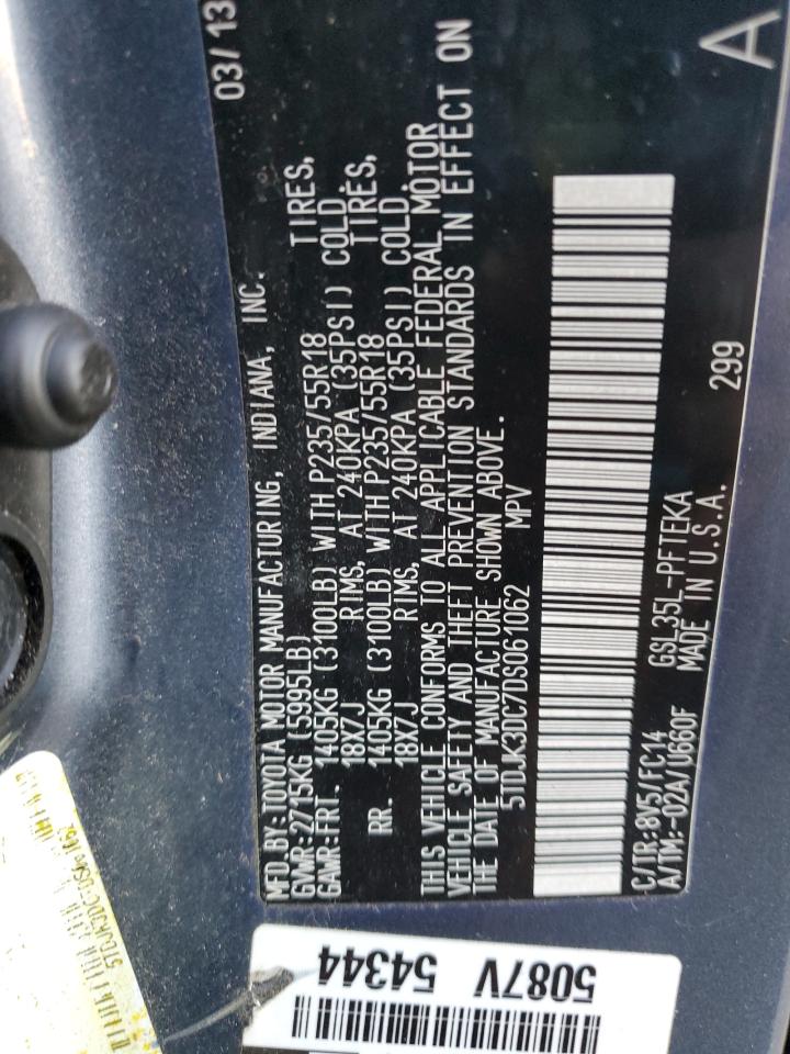 2013 Toyota Sienna Le VIN: 5TDJK3DC7DS061062 Lot: 92627015