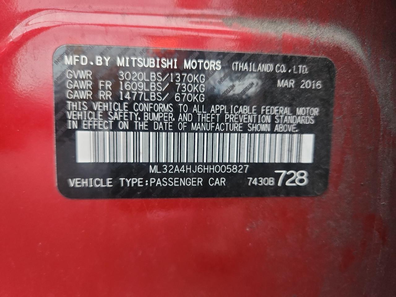 2017 Mitsubishi Mirage Se VIN: ML32A4HJ6HH005827 Lot: 93662835