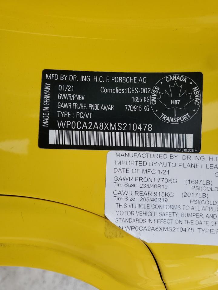 2021 Porsche Boxster Base VIN: WP0CA2A8XMS210478 Lot: 91039555