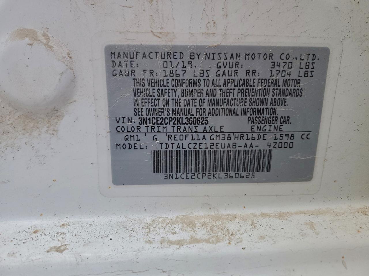 2019 Nissan Versa Note S VIN: 3N1CE2CP2KL360625 Lot: 94347335