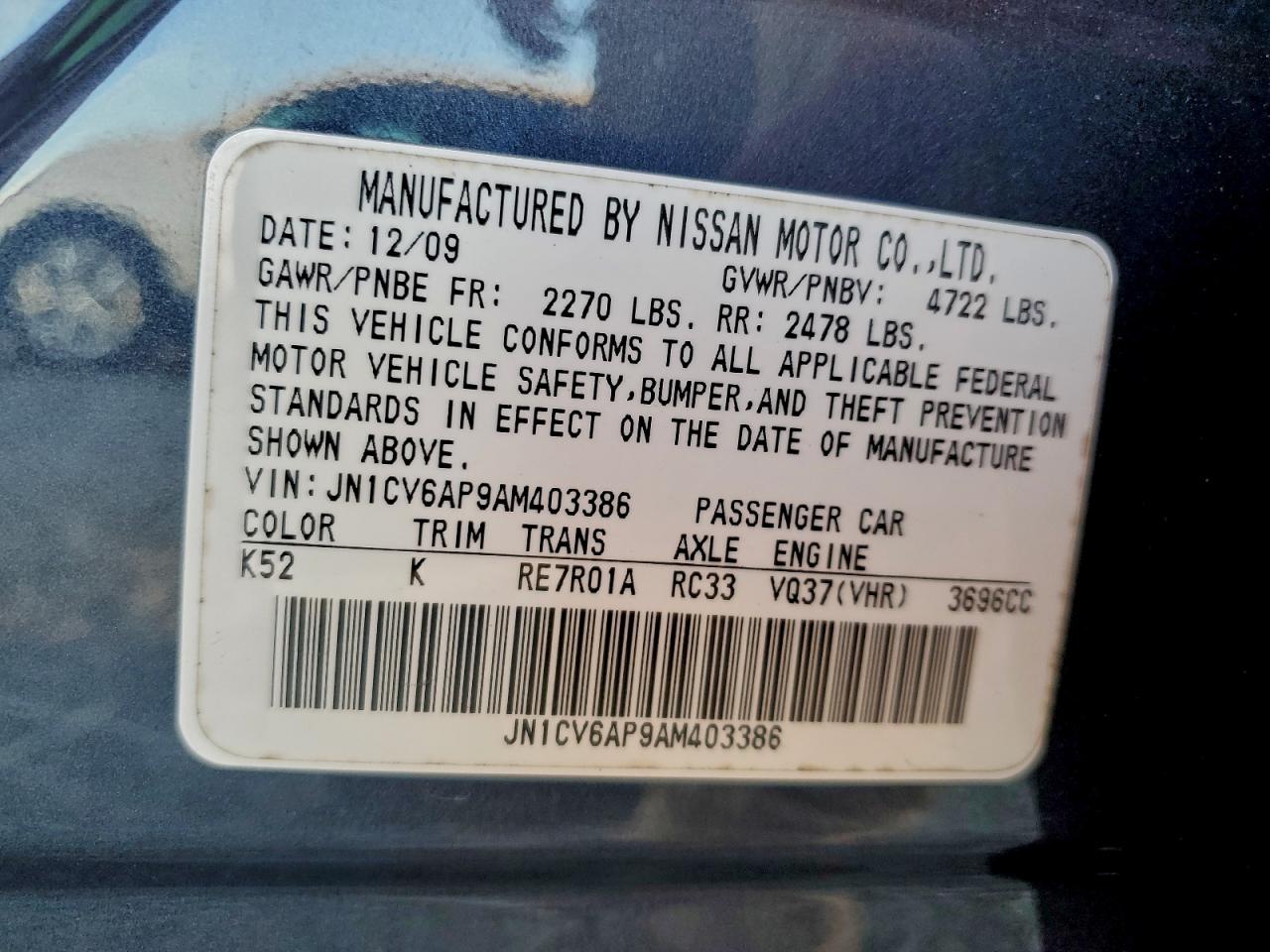 2010 Infiniti G37 Base VIN: JN1CV6AP9AM403386 Lot: 94304195