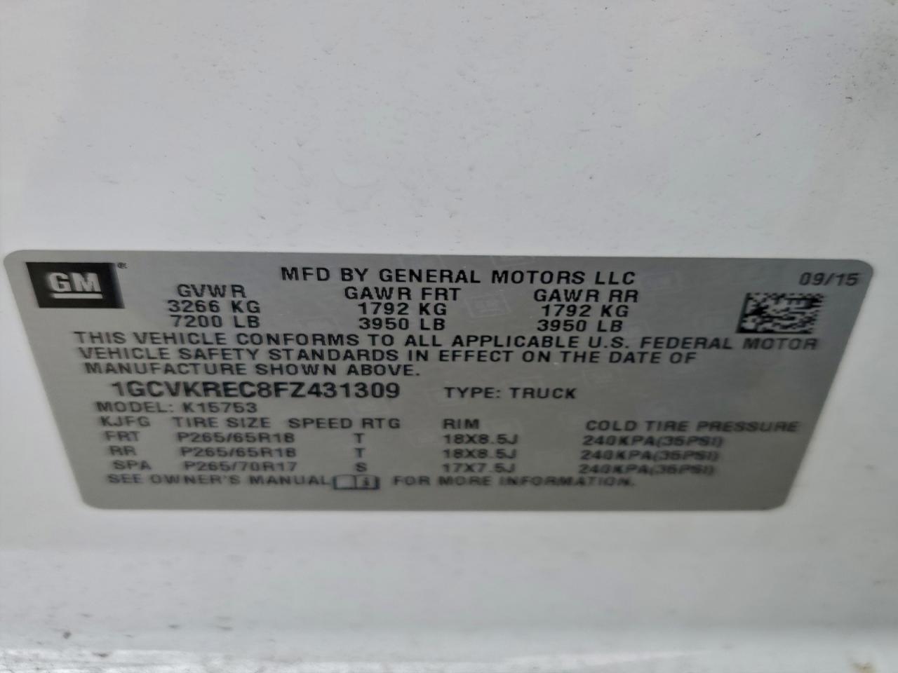 2015 Chevrolet Silverado K1500 Lt VIN: 1GCVKREC8FZ431309 Lot: 94536035