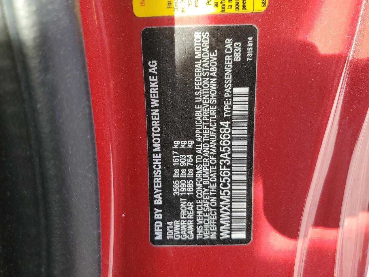 2015 Mini Cooper VIN: WMWXM5C56F3A56684 Lot: 91957765