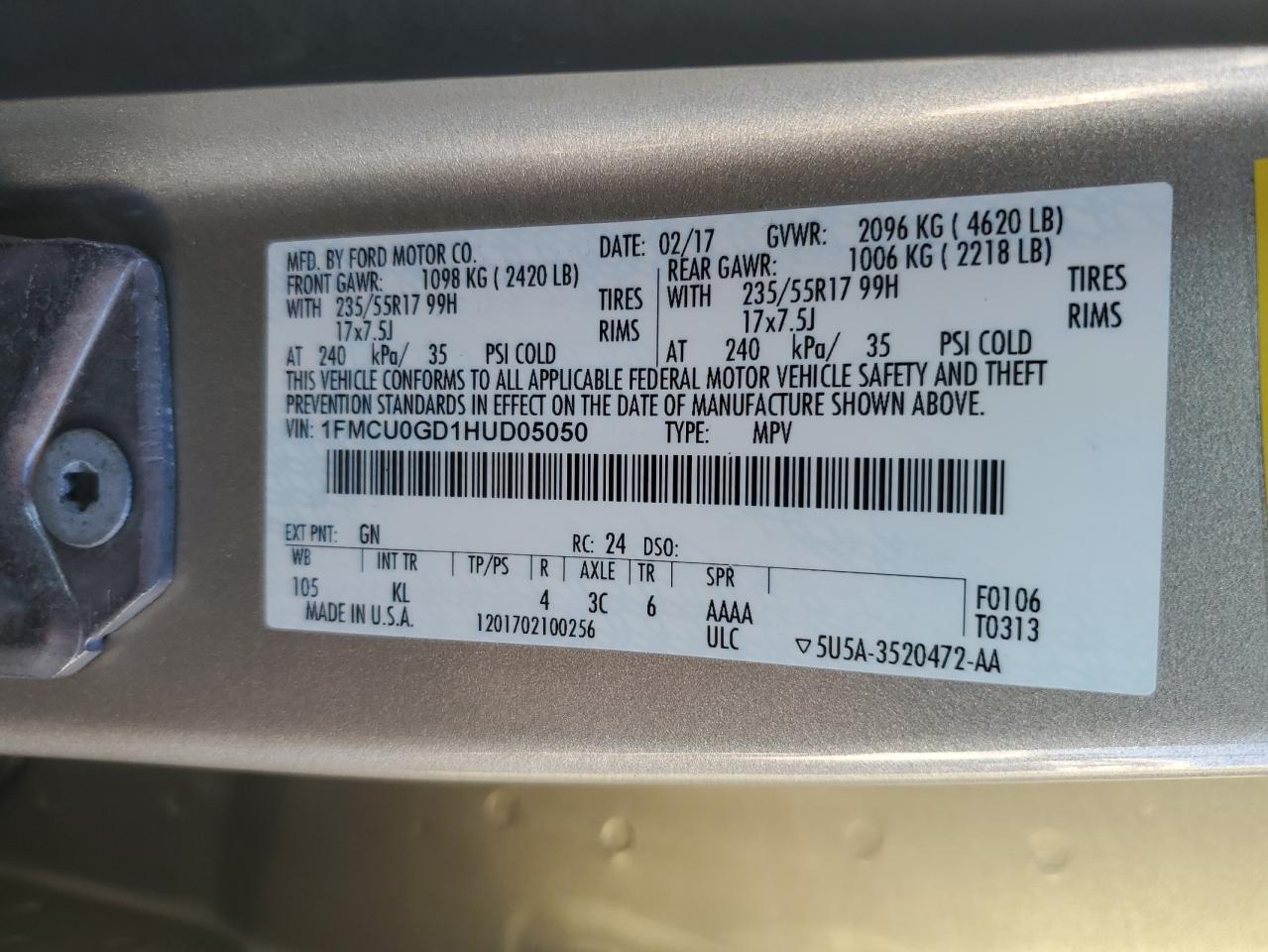 2017 Ford Escape Se VIN: 1FMCU0GD1HUD05050 Lot: 87073055