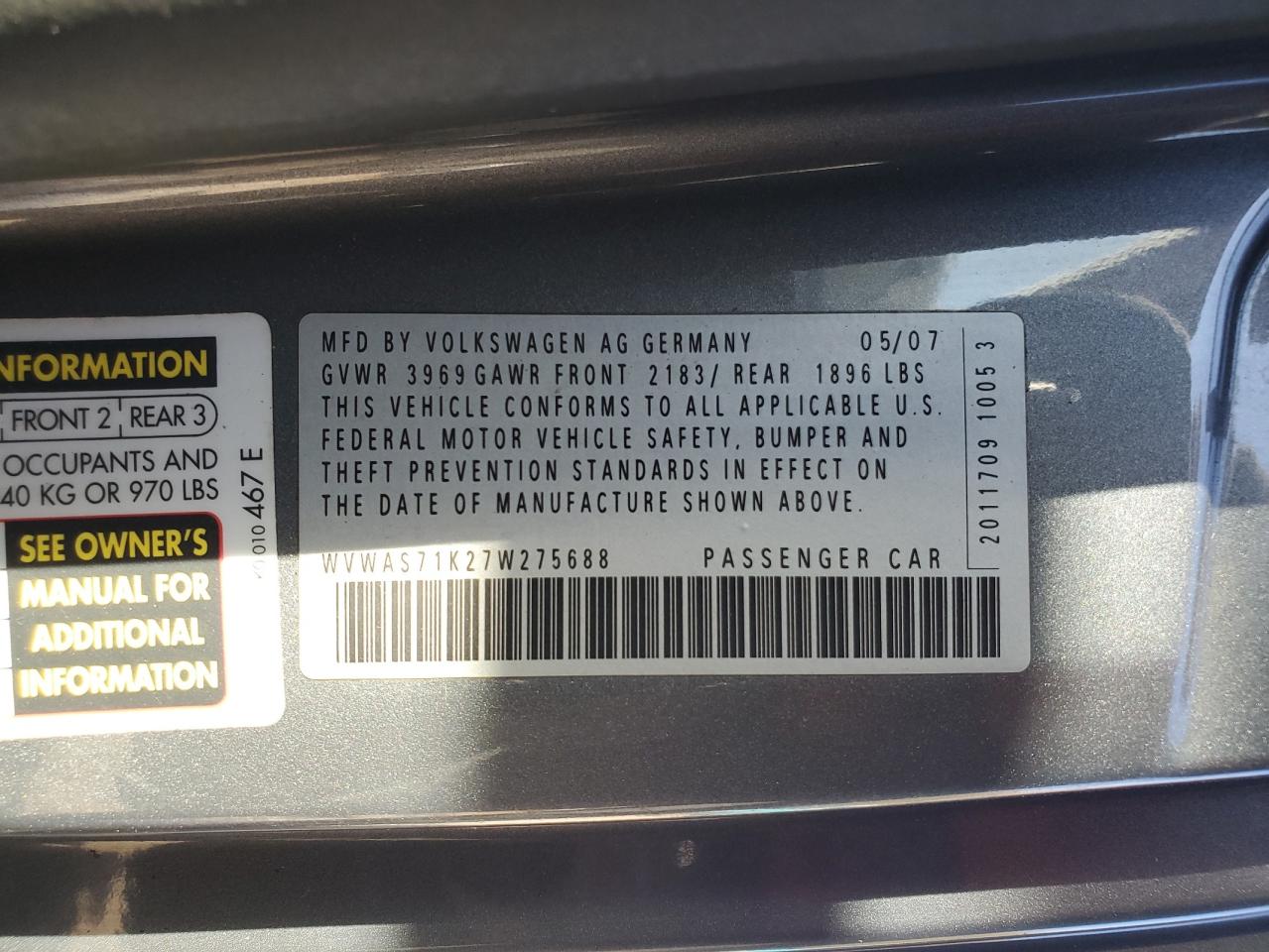 2007 Volkswagen Rabbit VIN: WVWAS71K27W275688 Lot: 91492725