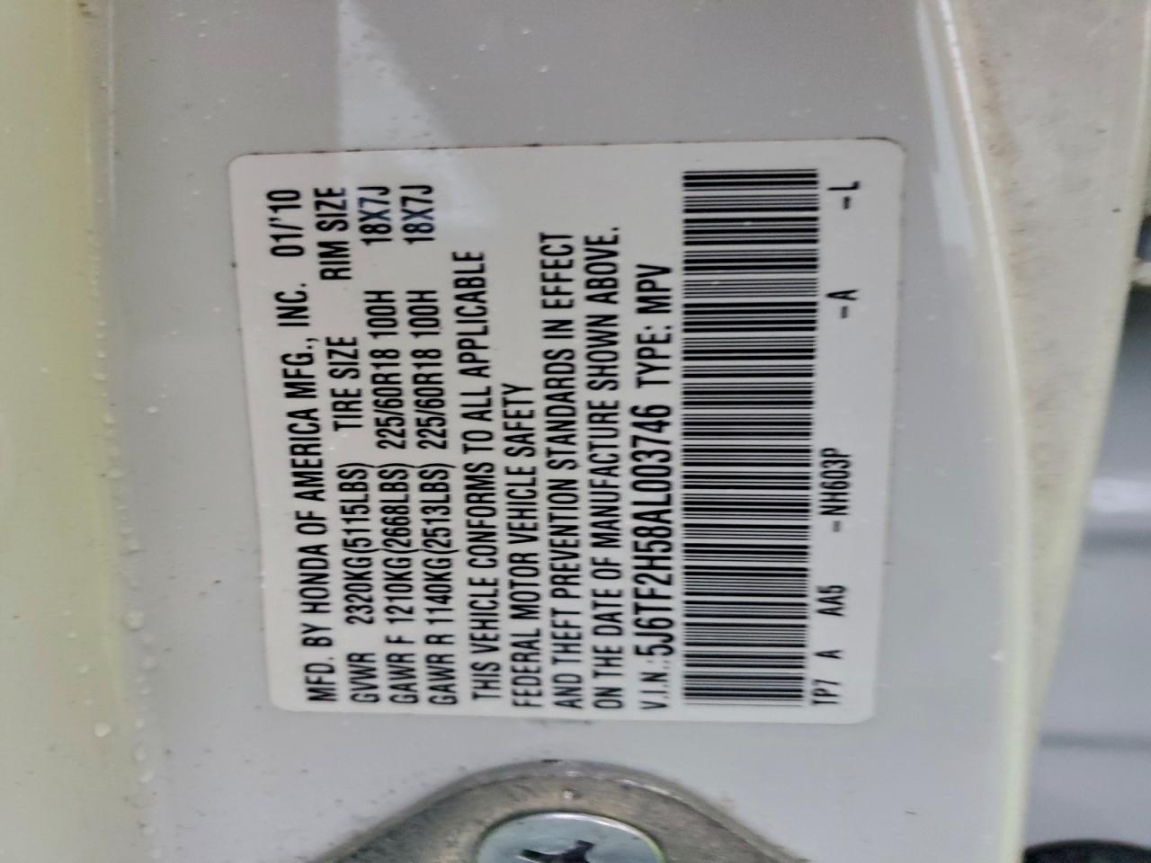 2010 Honda Accord Crosstour Exl VIN: 5J6TF2H58AL003746 Lot: 93614325