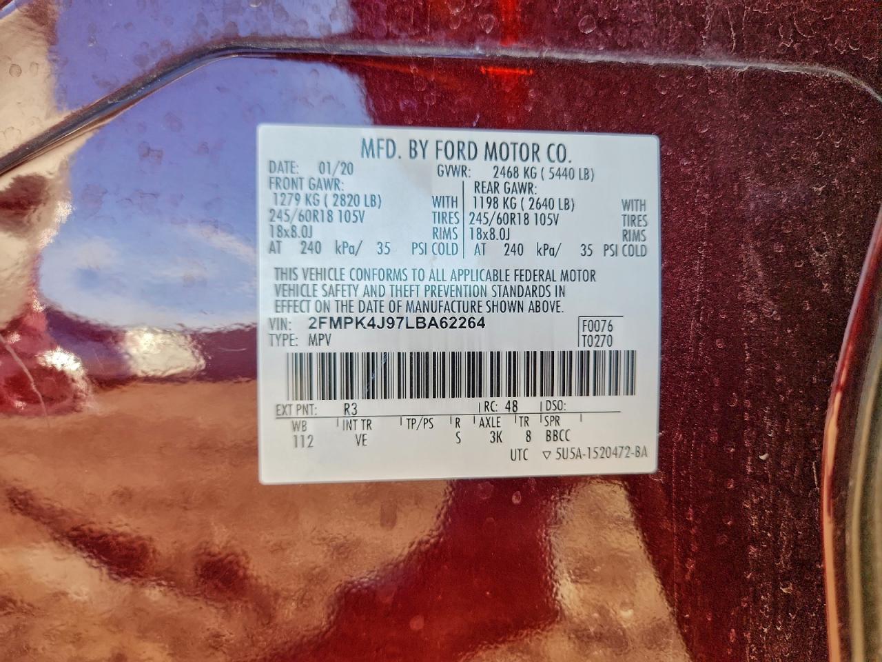 2020 Ford Edge Sel VIN: 2FMPK4J97LBA62264 Lot: 94528935