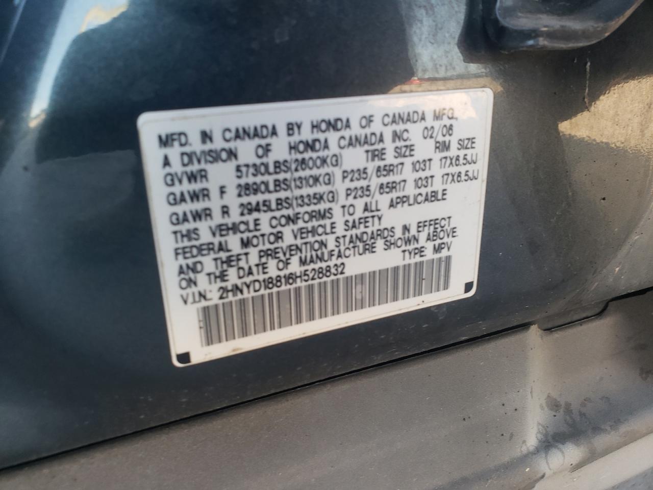 2006 Acura Mdx Touring VIN: 2HNYD18816H528832 Lot: 93064185