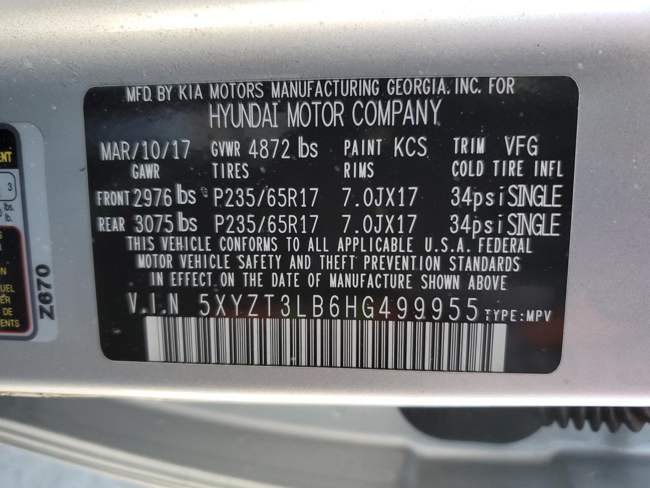 2017 Hyundai Santa Fe Sport VIN: 5XYZT3LB6HG499955 Lot: 91914825