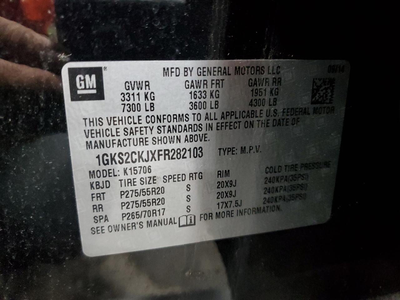 2015 GMC Yukon Denali VIN: 1GKS2CKJXFR282103 Lot: 92020055