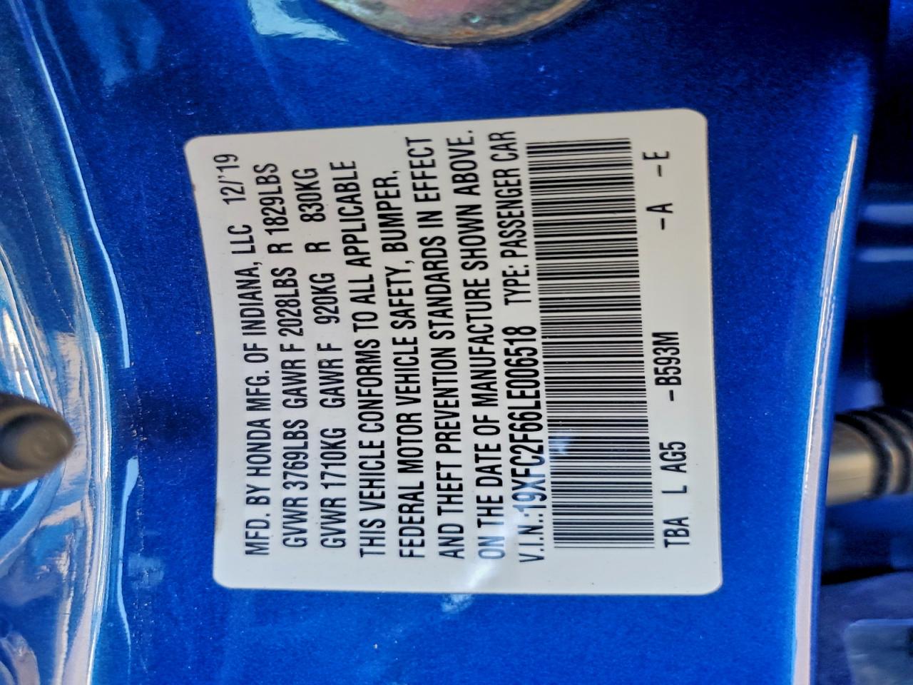 2020 Honda Civic Lx VIN: 19XFC2F66LE006518 Lot: 92168895