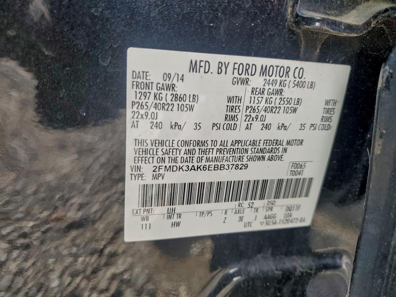 2014 Ford Edge Sport VIN: 2FMDK3AK6EBB37829 Lot: 94331165