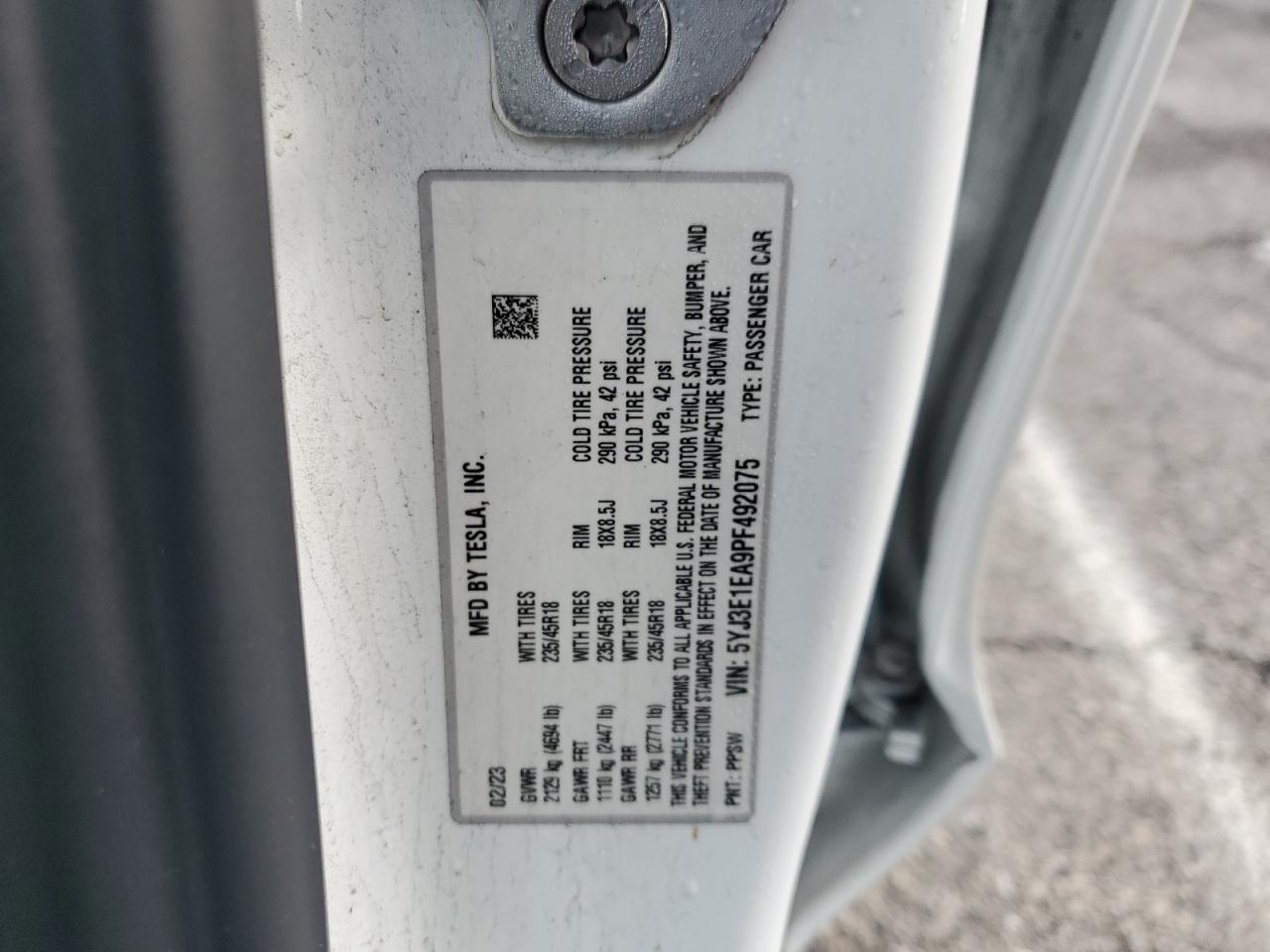 2023 Tesla Model 3 VIN: 5YJ3E1EA9PF492075 Lot: 93538975