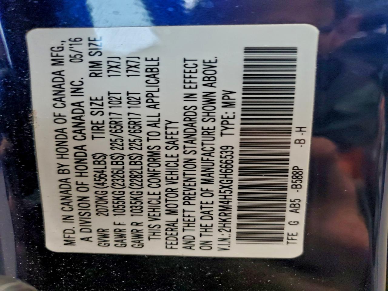 2016 Honda Cr-V Ex VIN: 2HKRM4H5XGH666539 Lot: 94487705