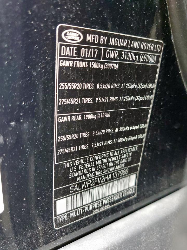 2017 Land Rover Range Rover Sport Hse VIN: SALWR2FV2HA137986 Lot: 93110605