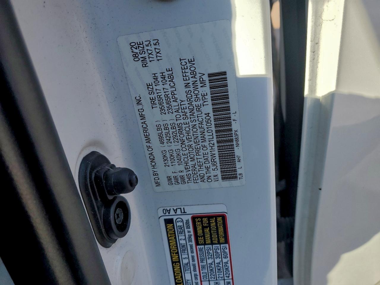 2020 Honda Cr-V Lx VIN: 5J6RW1H21LL010504 Lot: 94239935