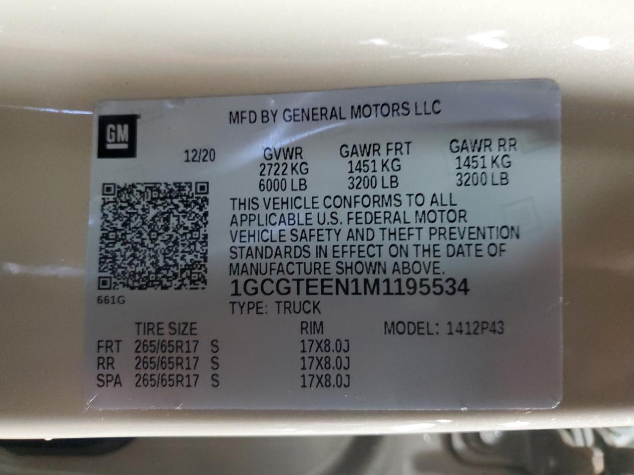 2021 Chevrolet Colorado Zr2 VIN: 1GCGTEEN1M1195534 Lot: 91915905