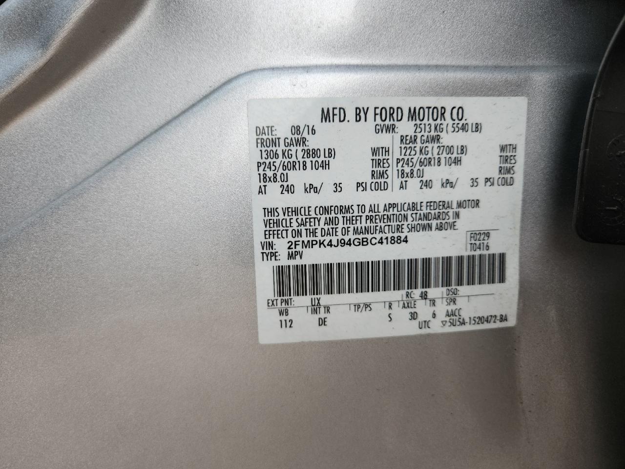 2016 Ford Edge Sel VIN: 2FMPK4J94GBC41884 Lot: 92286685