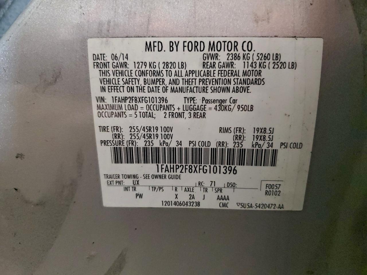 2015 Ford Taurus Limited VIN: 1FAHP2F8XFG101396 Lot: 93729125