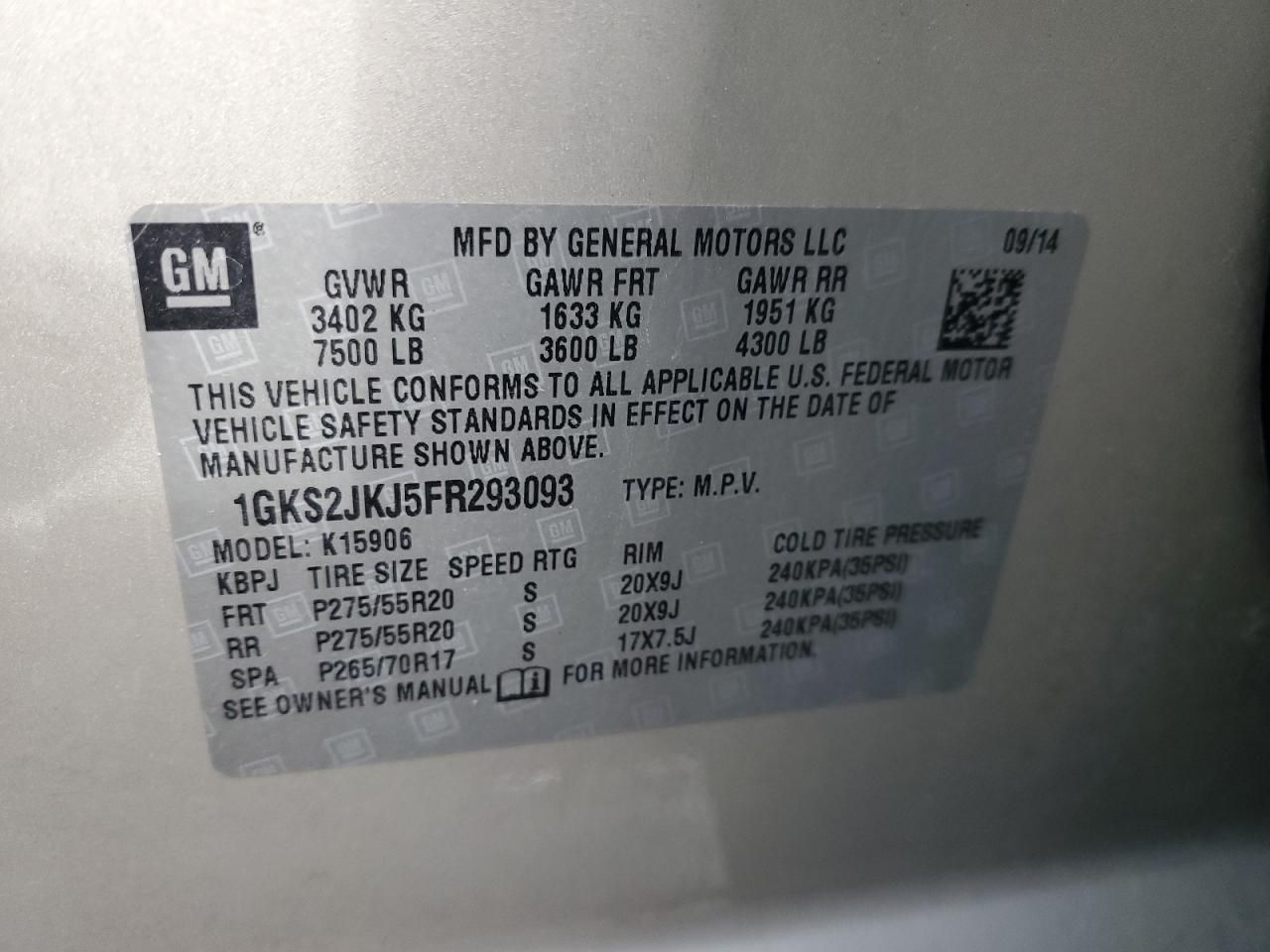 2015 GMC Yukon Xl Denali VIN: 1GKS2JKJ5FR293093 Lot: 90947405