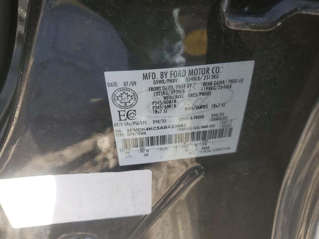 2010 Ford Edge Limited VIN: 2FMDK4KC5ABA23683 Lot: 92611265