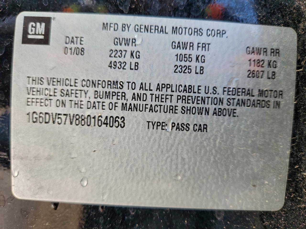 2008 Cadillac Cts Hi Feature V6 VIN: 1G6DV57V880164063 Lot: 94386505