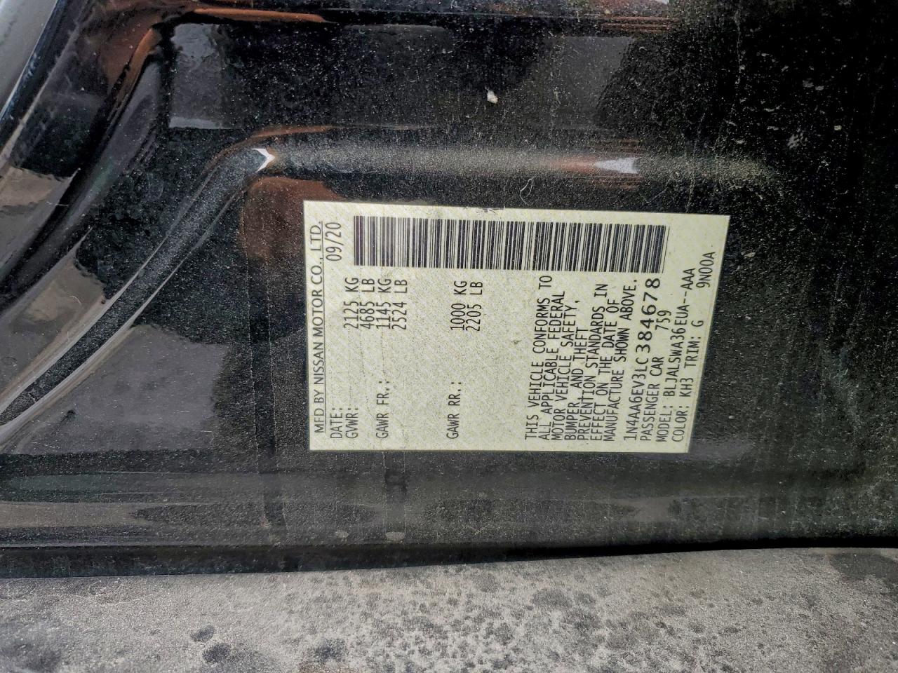 2020 Nissan Maxima Sr VIN: 1N4AA6EV3LC384678 Lot: 93838225