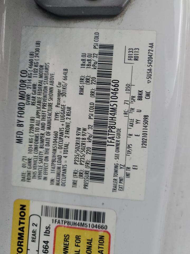 2021 Ford Mustang VIN: 1FATP8UH4M5104660 Lot: 91893205