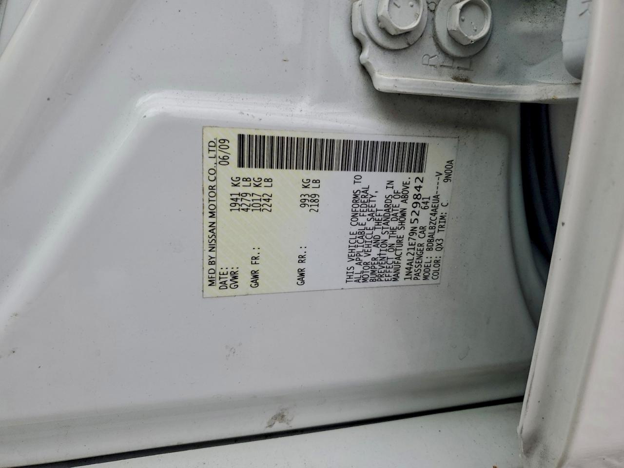 2009 Nissan Altima 2.5 VIN: 1N4AL21E79N529842 Lot: 94523125