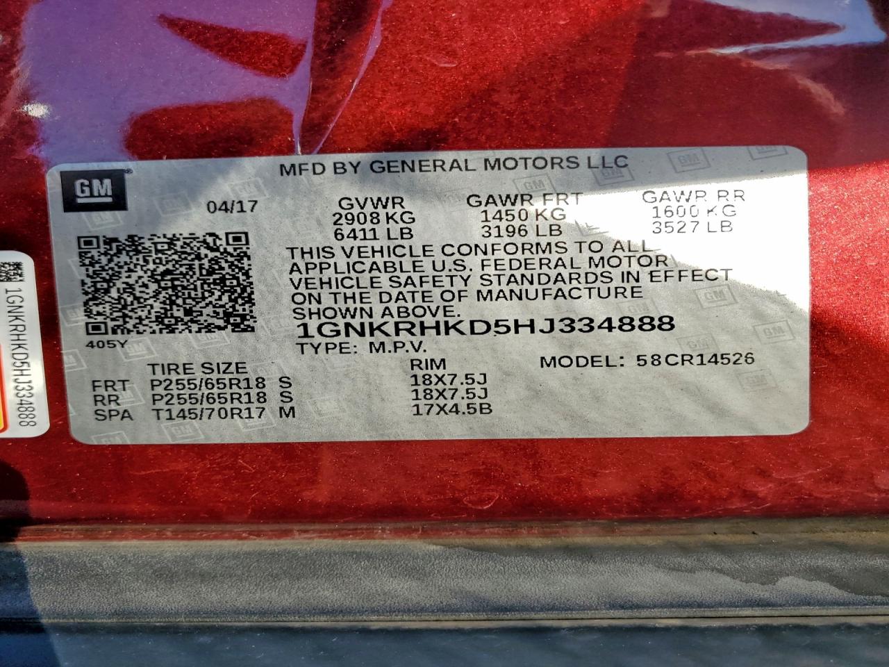 2017 Chevrolet Traverse Lt VIN: 1GNKRHKD5HJ334888 Lot: 94469755