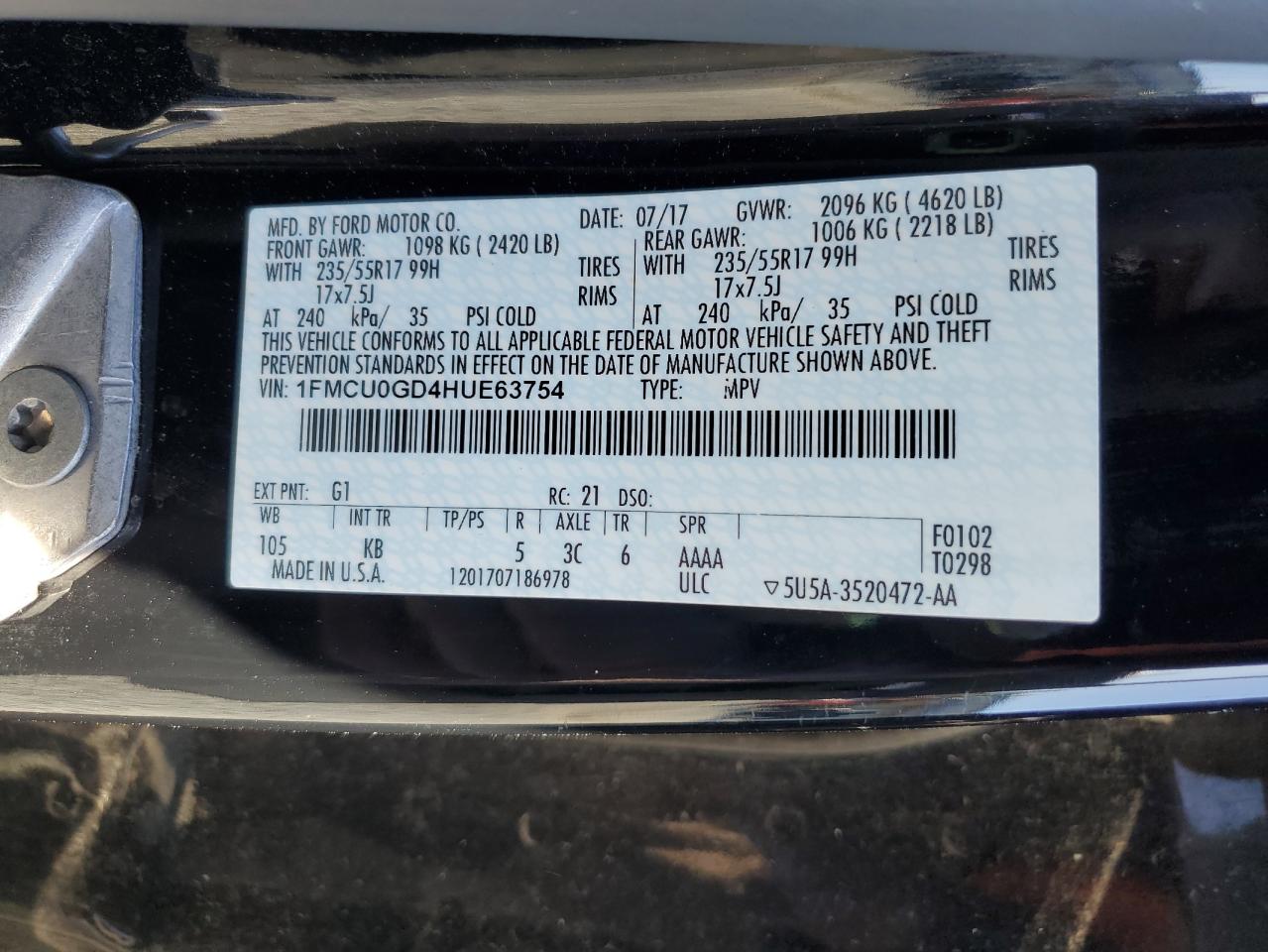 2017 Ford Escape Se VIN: 1FMCU0GD4HUE63754 Lot: 92380445