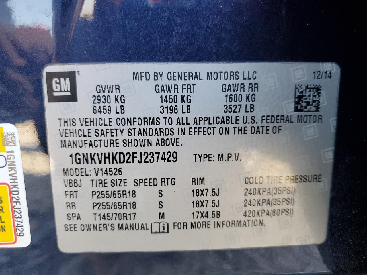 2015 Chevrolet Traverse Lt VIN: 1GNKVHKD2FJ237429 Lot: 93244075